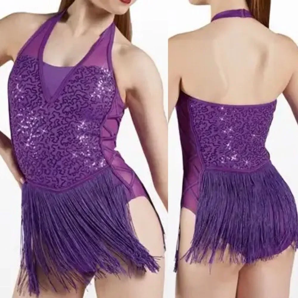 WEISSMAN Dance purple sequin fringe Costume Sequin Fringe Halter Dress D11806 SA